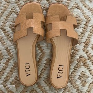 Tan leather slide sandals